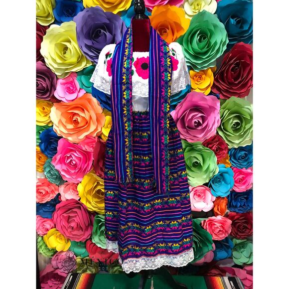 Mexican 3 piece set Blouse Cambaya skirt elastic waist and belt or mini rebozo - Picture 6 of 9